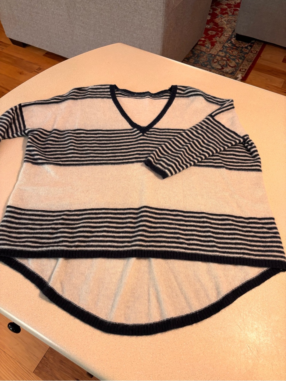 Striped V-Neck Women's Sweater in Cream and Dark Navy